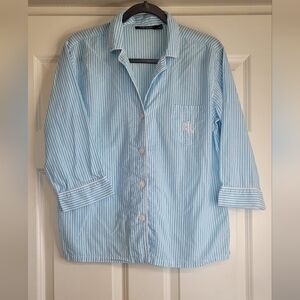 Lauren Ralph Lauren LRL Monogrammed Aqua & White Striped Pajama Top - Size M